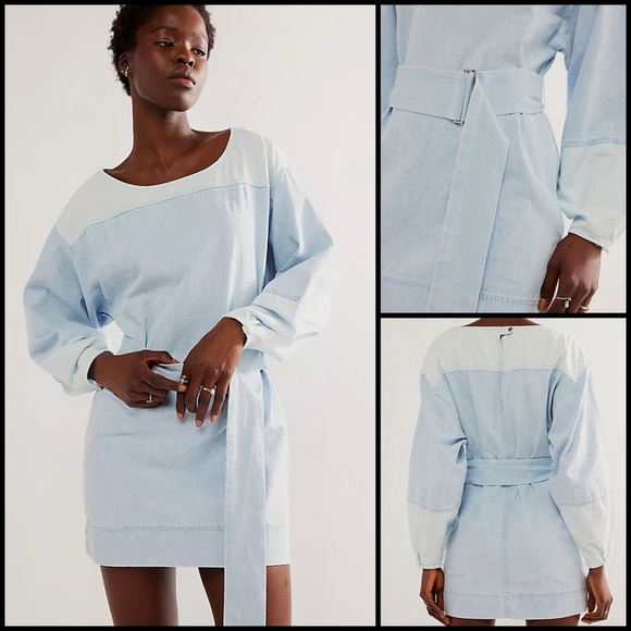 Free People Ora Denim Mini Stylish Two Toned Light Blue Belted Mini Dress Sz L - Picture 1 of 16